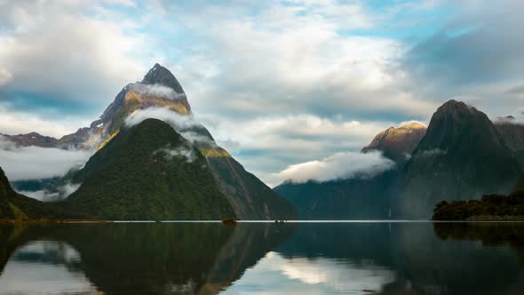 Time Lapse of Milford Sound Mitre Peak in Fiordland National Park, New Zealand. alt