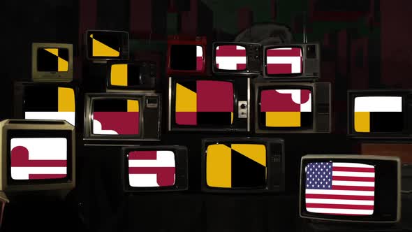Flag of Maryland and US Flag on Retro TVs. alt