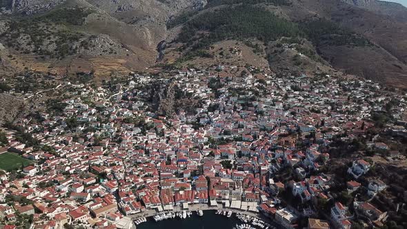 Aerial View of Hydra Island and Marina. Greece in the Summer