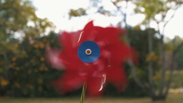 The Colorful Toy of a Weather Vane in Motion, Windmill Toy in Slow Motion With Autumn Background. alt