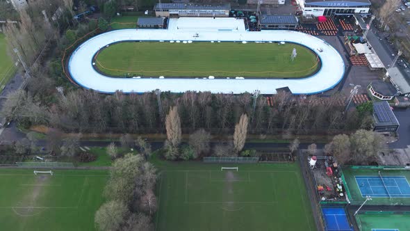 Aerial of a Recreational Outdoor Leisure Ice Skating Rink Top Down View in Amsterdam the Netherlands alt
