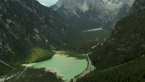Panorama over Durrensee lake in Dolomites mountain range, Tyrol Italy alt