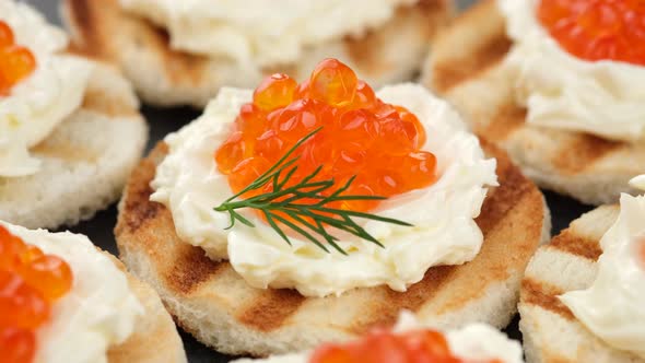 red caviar sandwiches with soft cheese close up rotation alt