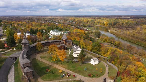 Aerial Panoramic View of Baturyn Fortress in Ukraine alt