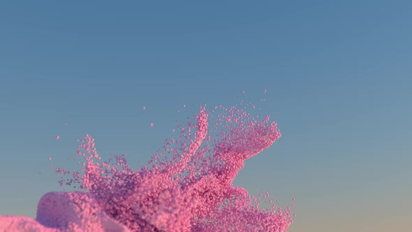 Pink particles flying like fluid on a blue sky background