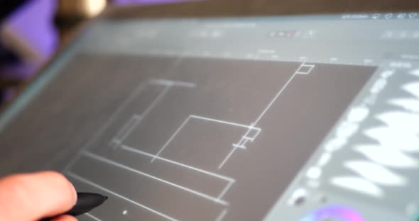 An architect drafting out blueprints or concept art for a building project on a digital graphic tabl alt