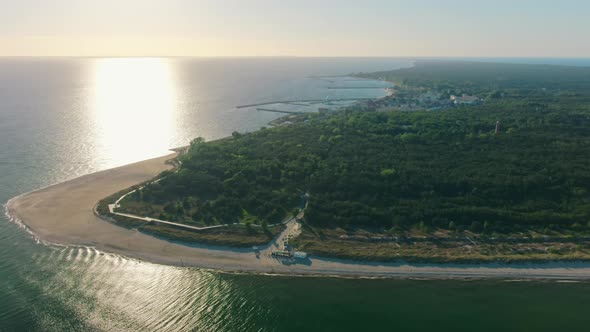 Epic Aerial View to Scenic Seascape and Hel Peninsula in Baltic Sea in Poland