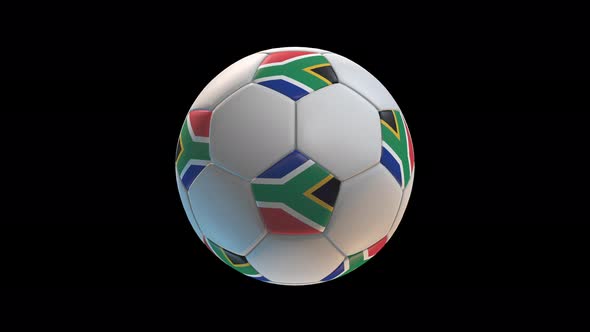 Soccer ball with flag South Africa, on black background loop alpha
