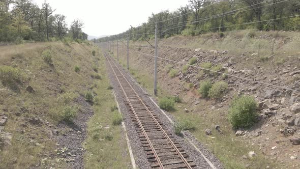 Aerial view of empty Railway lines in Samtskhe-Javakheti region of Georgia. alt