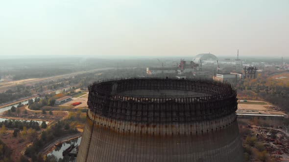 Drone Flies Over Cooling Tower, Forward Movement