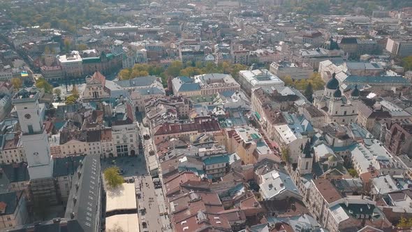 Aerial City Lviv, Ukraine. European City. Popular Areas of the City. Town Hall alt