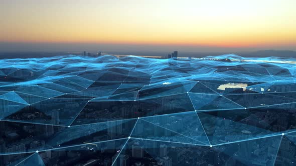 smart Connected city skyline. Futuristic network concept, city Technology. alt