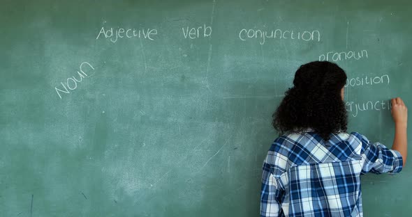 Rear view of schoolgirl pretending to be a teacher in classroom alt