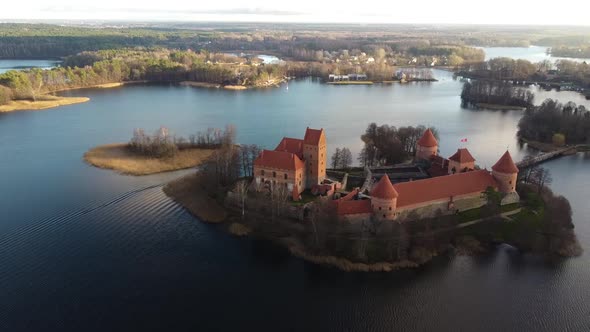 Trakai castle medieval gothic Island castle, located in the Galve lake. Aerial drone shot of the mos alt