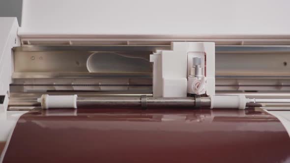 The cutting plotter cuts out a pattern on brown vinyl film alt