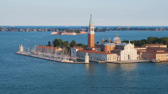 Aerial View of Venice Lagoon with Boats and San Giorgio Di Maggiore Church. Venice, Italy alt