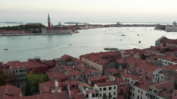 Aerial View of Venice Italy with Grand Canal Rooftops of Buildings and Boats alt