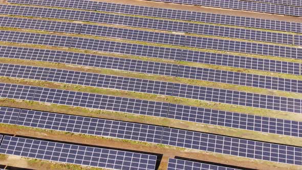 Zoom Aerial View of Solar Panels Farm Solar Cell with Sunlight