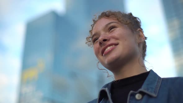 Slowmotion Active Portrait Happy Dreamy Girl Finally Moved New Town Smiling Excited Ecstatic Look alt