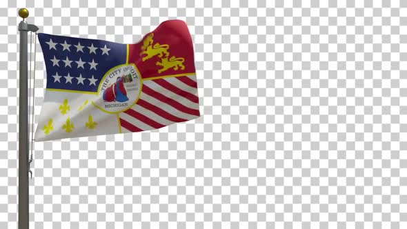 Detroit City Flag (Michigan, USA) on Flagpole with Alpha Channel - 4K alt