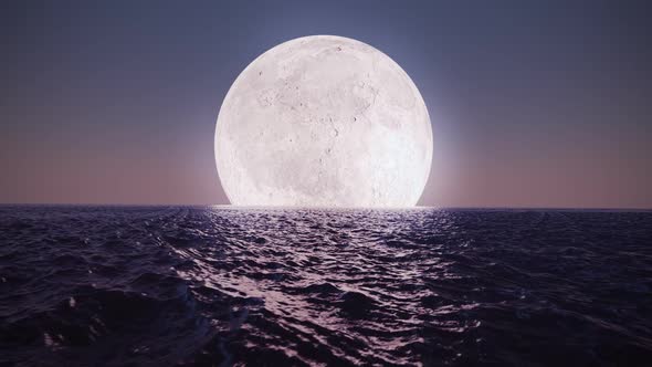 Animation of bright glowy moon reflecting on the dark surface of the calm ocean. alt