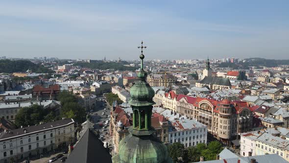 Aerial Shot The City Of Lviv. John George Pinzel Sculpture Museum. Ukraine alt