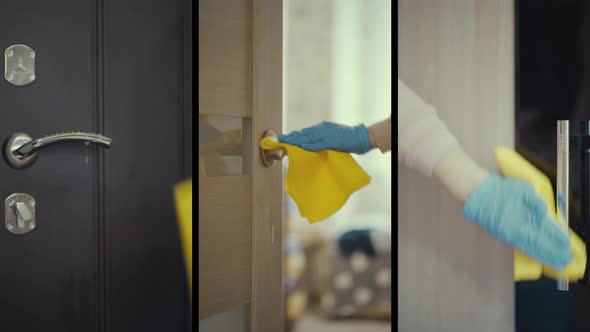 Woman Wet Towel for Disinfection Doors Knob alt