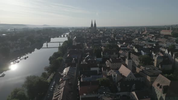 Aerial flight over the old town of Regensburg alt
