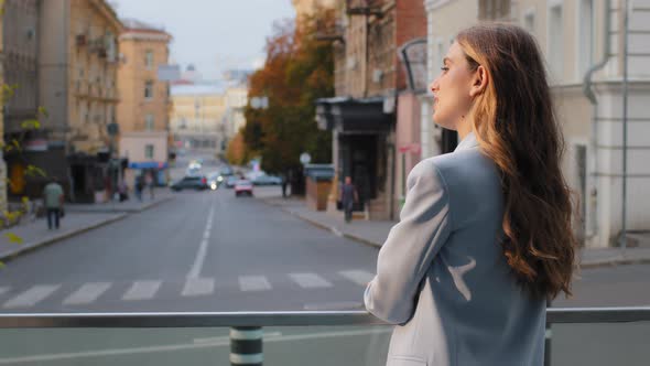 Back View Caucasian Beautiful Young Blonde Girl Student Business Lady Woman with Long Hair in Blue alt