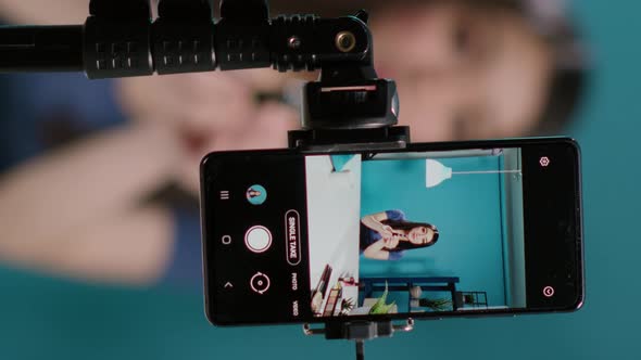 Vertical Video Content Creator Recording Lifestyle Vlog on Filming Camera alt