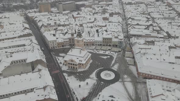 4k Aerial Shot Over City Center Of Romania Brasov Winter Church And Clock