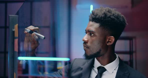 Office Worker Making Important Notes on Glass Board, Working Over Business Project alt