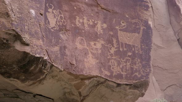 Panning view of various petroglyphs carved in Nine Mile Canyon alt