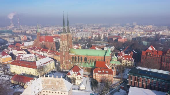 Aerial view of Wroclaw Cathedral on winter