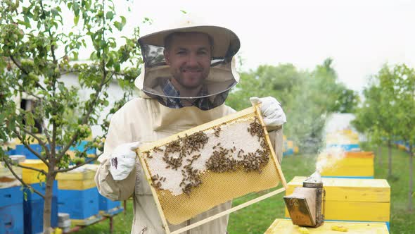 A Man in a Protective Suit and Hat Holds a Frame with Honeycombs of Bees in the Garden alt