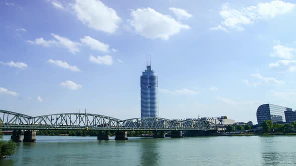 Timelapse of Milenium Tower in Vienna at Danube River in Austria