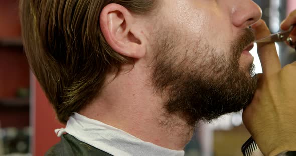 Man getting his beard trimmed with scissors 4k alt