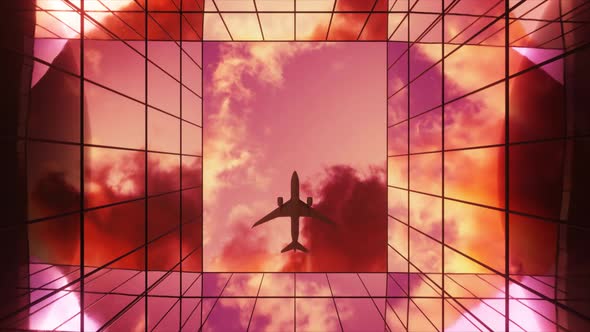 Passenger Plane Flying in the Sky with Clouds Over a Modern Glass Building at Sunset alt