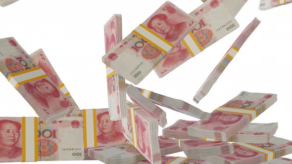 Many wads of money falling on table. 100 Chinese Yuan banknotes. alt