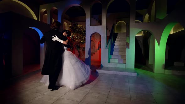 Joyful Princess and Her Lover are Dancing Waltz in Dark Ballroom of Royal Palace alt