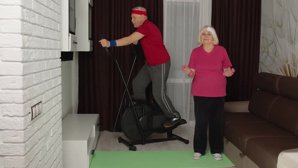 Senior Elderly Couple Using Orbitrek Doing Workout Weight Lifting Sport Dumbbells Exercises at Home alt