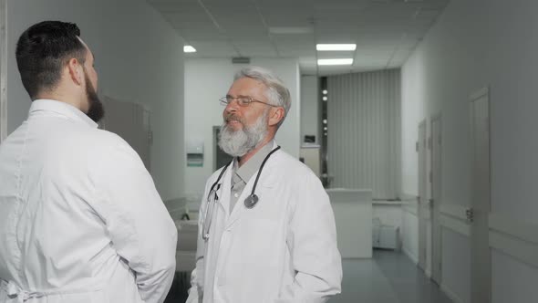 Senior Doctor Smiling Cheerfully Talking To His Colleague
