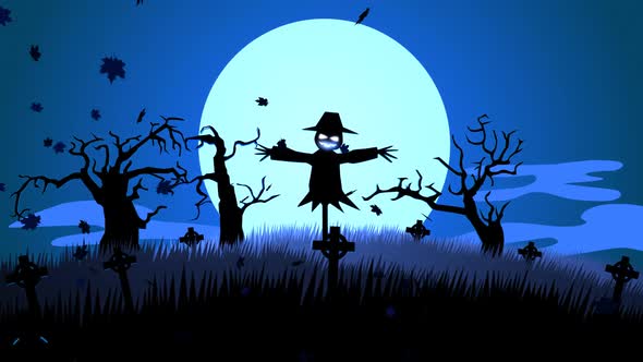 Creepy scarecrow on the haunted graveyard with old mysterious tombstones. alt