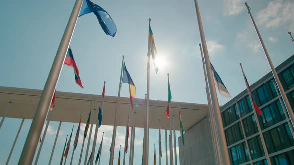 Flags of European Union Countries in European Parliament in Luxembourg City