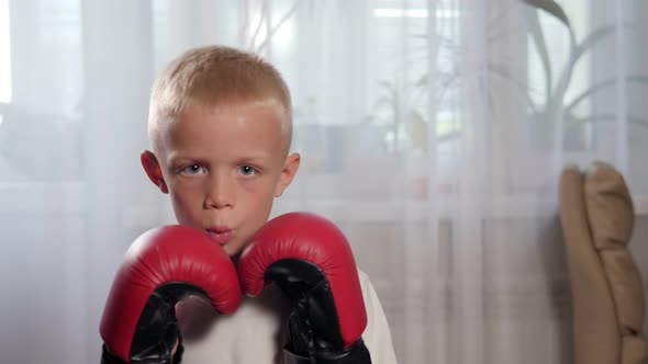 A Small Sevenyearold Boy in Boxing Gloves Practices Punches at Home alt
