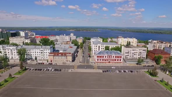 Large City Square and Roads to Volga River in Samara City Aerial View