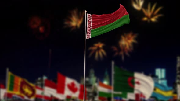 Belarus Flag With World Globe Flags And Fireworks