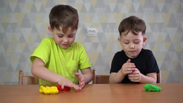 Two Brothers Play with Plasticine