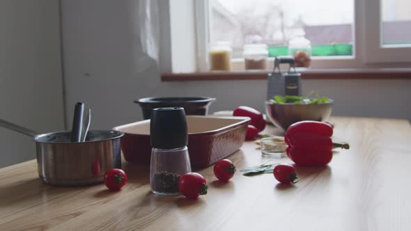 Ingredients and Kitchen Stuff Are Lying On Table