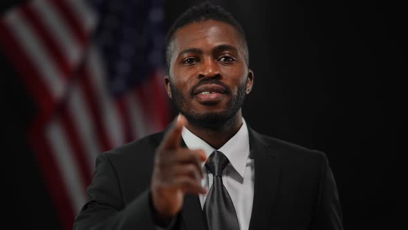 Confident African American Male Political Candidate Speaking Pointing Looking at Camera alt